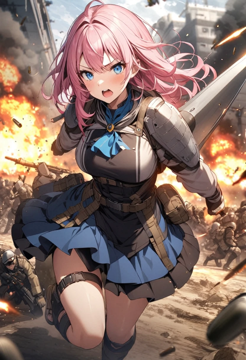 battlefield、Bullets fly around、The ground explodes、Brave Fighter、Pink haired woman、blue eyes