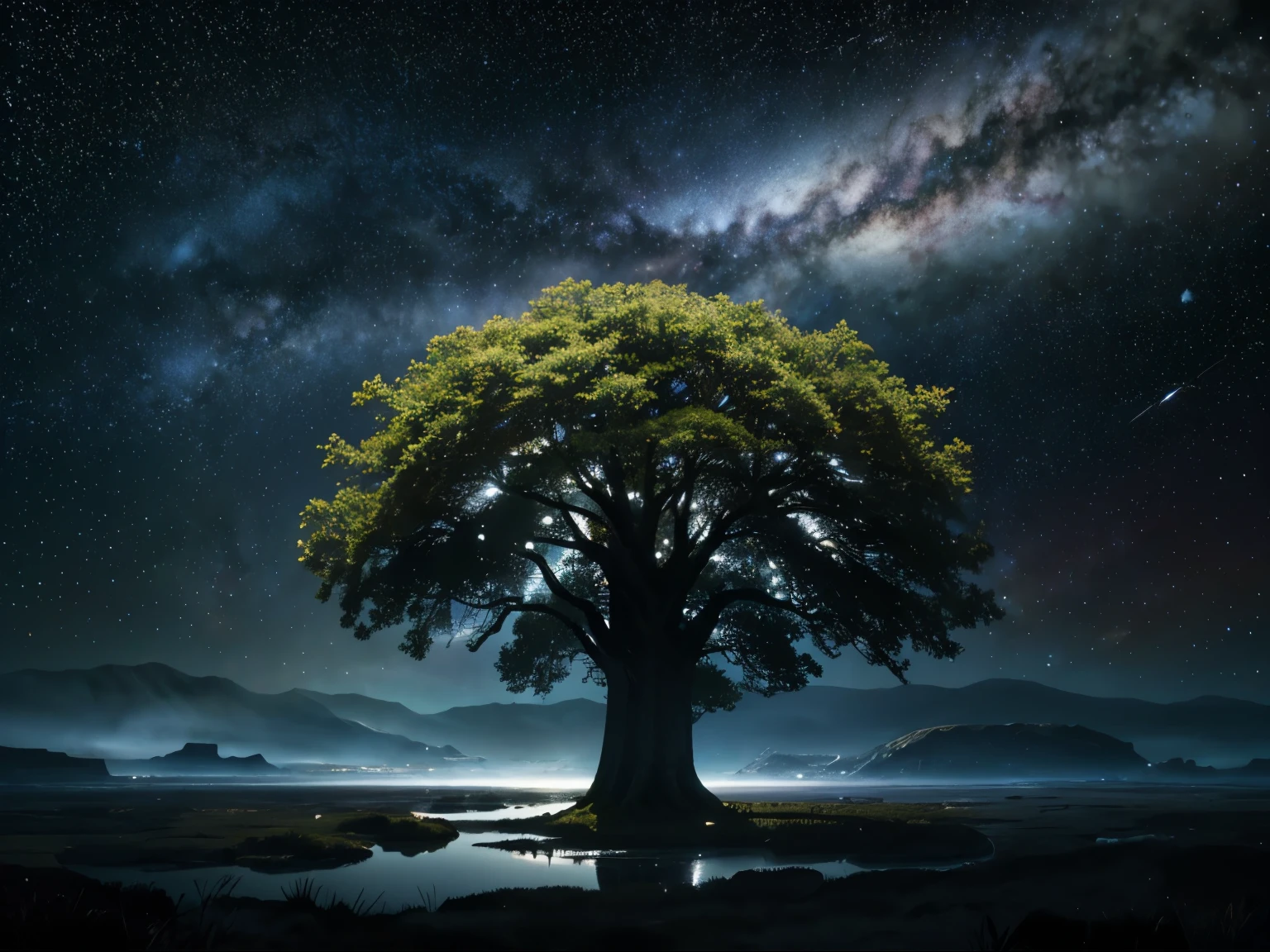 see wide landscape, which is populated by a variety of life forms. In the foreground, various representatives of the animal and plant world could be seen, which represent the original beauty and diversity of nature. In the background you could see an extensive galaxy or starry sky, which suggests, that we humans are part of a larger cosmic universe. Perhaps the presentation could also contain elements from the theory of evolution, which clarify, how life has evolved over time. Overall, the image could represent a connection between nature, the universe and human origins.