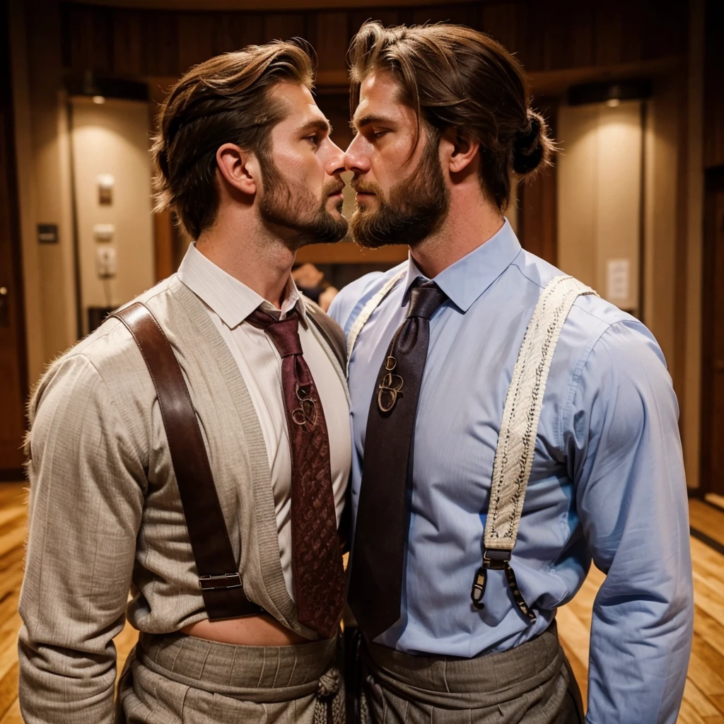 Two Nerds in suits as they transform into extremely hairy furry sweaty Warrior Viking. Himbo Enormous Boobies Pecs. Enormous Long Cock Bulging in His short shorts