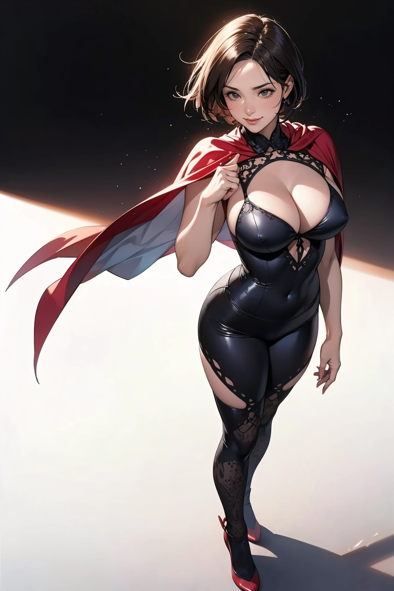 close up 1 fist, Fresh female, full body, 1 knee up, 1fist up, retro future, short Hair in wind, ((sagging huge breasts)), tight, (((intricate outfit))), colorful 色々なpastelが混ざった , cape, smile, wrestling, from above, masterpiece, high quality, Very detailed, Dynamic Shadows, High resolution, super High resolution, Studio Lighting, Dramatic lighting, Detailed fingers, High Contrast