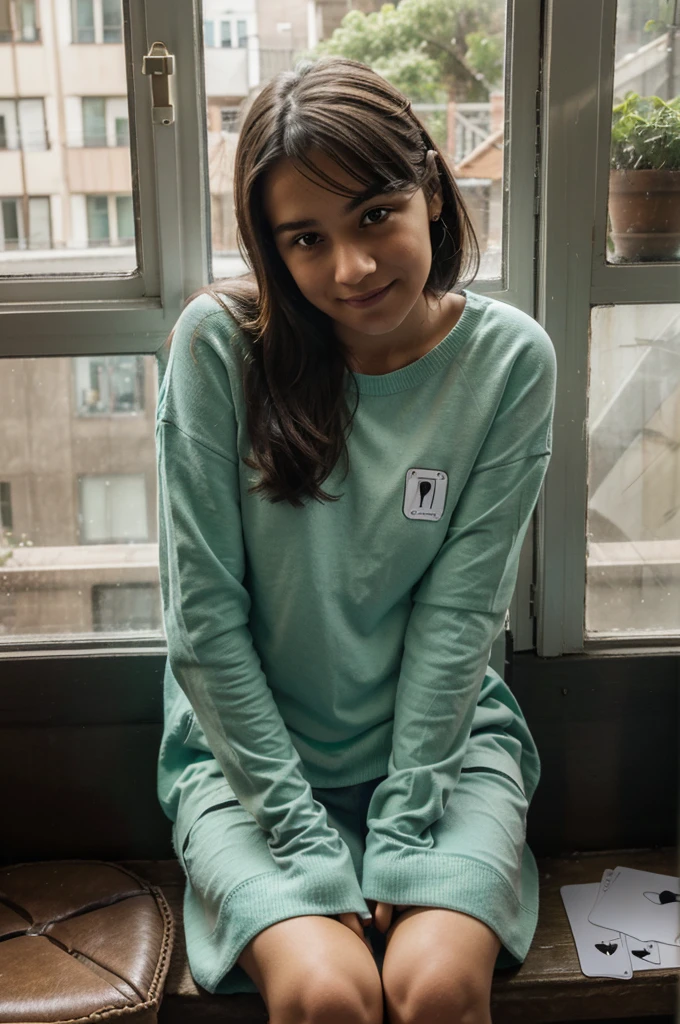 Mariana sitting by a window, with cards in their hands and an expression of excitement or agitation on their face.
