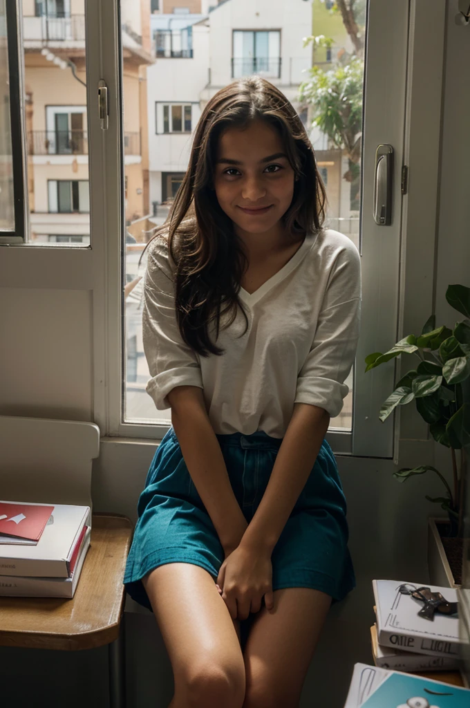 Mariana sitting by a window, with cards in their hands and an expression of excitement or agitation on their face.