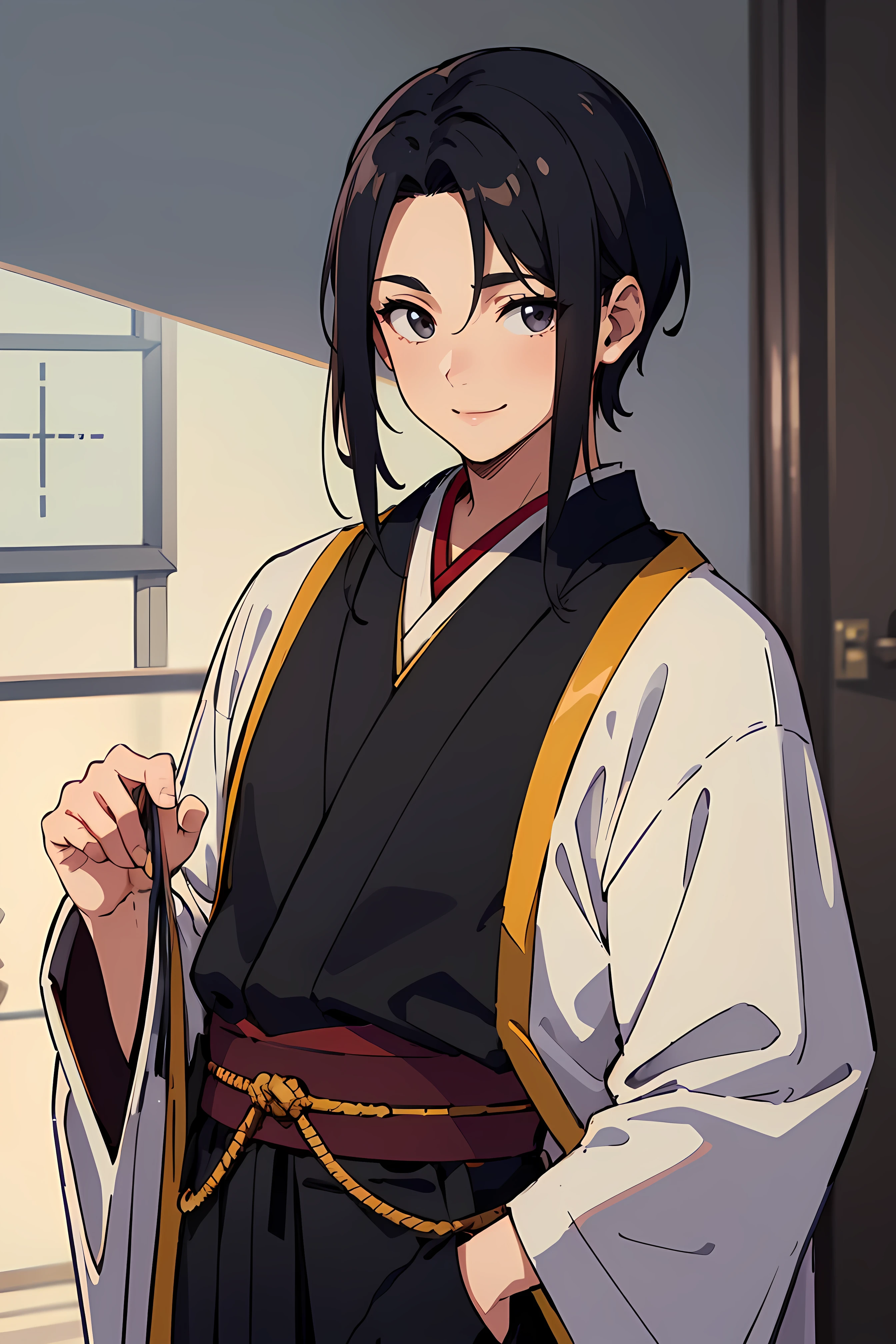 masterpiece, best quality, highly detailed background, perfect lighting, best quality, (extremely detailed face), volumetric lighting, intricate details, shadow, tonemapping, sharp focus, hyper detailed, trending on Artstation, (solo), ((Looking at the viewer)), (man) ((Young man)) (Black hair), ((thin)), ((delicate)), ((thin and fine figure)), ((elegant)), ((smile)), ((traditional men's clothing)) ((Japan)) ((Shota))