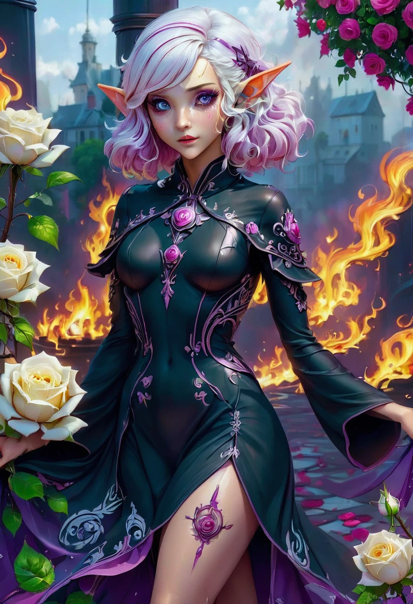 Arafed, Dark fantasy art, fantasy art, goth art, a picture of a tattoo on the back of a female elf, a glowing tattoo of a ((white rose: 1.3)) on the elf's back, the ((rose tattoo)) is vivid, intricate detailed coming to life from the ink to real life, GlowingRunesAI_purple, ((fire surrounds the rose petals: 1.5)), (small pointed ears: 1.2), shoot taken from the back, ((the back is visible: 1.3), she wears a transparent black dress, the dress is elegant, flowing, elven style, that the tattoos glow, dynamic hair color, dynamic hair style, faize,, Digital Painting