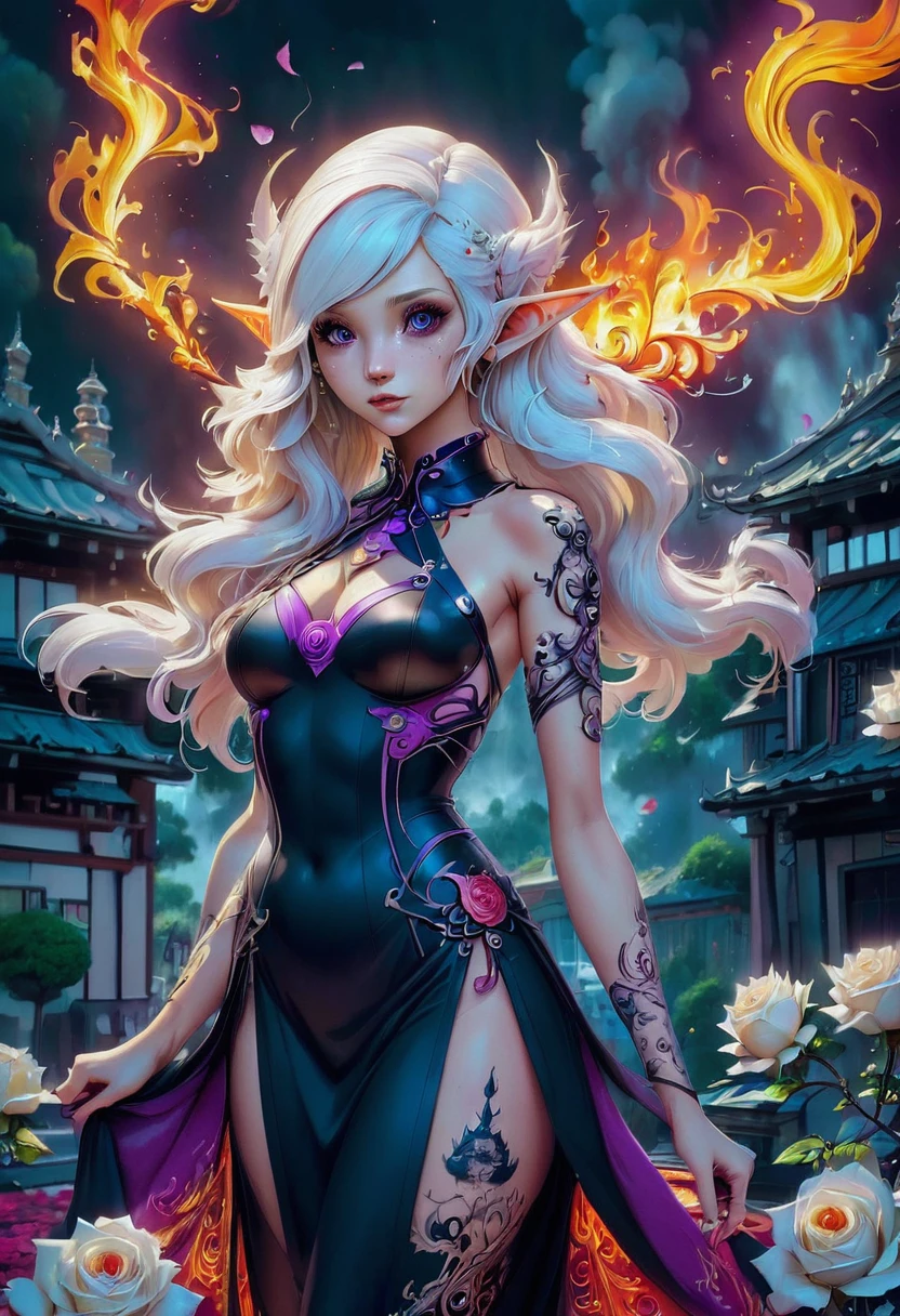 Arafed, Dark fantasy art, fantasy art, goth art, a picture of a tattoo on the back of a female elf, a glowing tattoo of a ((white rose: 1.3)) on the elf's back, the ((rose tattoo)) is vivid, intricate detailed coming to life from the ink to real life, GlowingRunesAI_purple, ((fire surrounds the rose petals: 1.5)), (small pointed ears: 1.2), shoot taken from the back, ((the back is visible: 1.3), she wears a transparent black dress, the dress is elegant, flowing, elven style, that the tattoos glow, dynamic hair color, dynamic hair style, faize,, Digital Painting