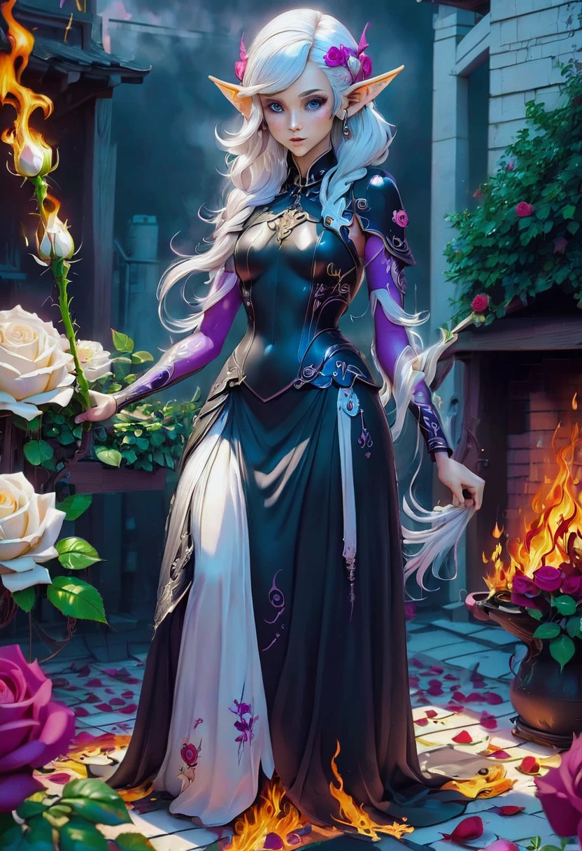 Arafed, Dark fantasy art, fantasy art, goth art, a picture of a tattoo on the back of a female elf, a glowing tattoo of a ((white rose: 1.3)) on the elf's back, the ((rose tattoo)) is vivid, intricate detailed coming to life from the ink to real life, GlowingRunesAI_purple, ((fire surrounds the rose petals: 1.5)), (small pointed ears: 1.2), shoot taken from the back, ((the back is visible: 1.3), she wears a transparent black dress, the dress is elegant, flowing, elven style, that the tattoos glow, dynamic hair color, dynamic hair style, faize,, Digital Painting