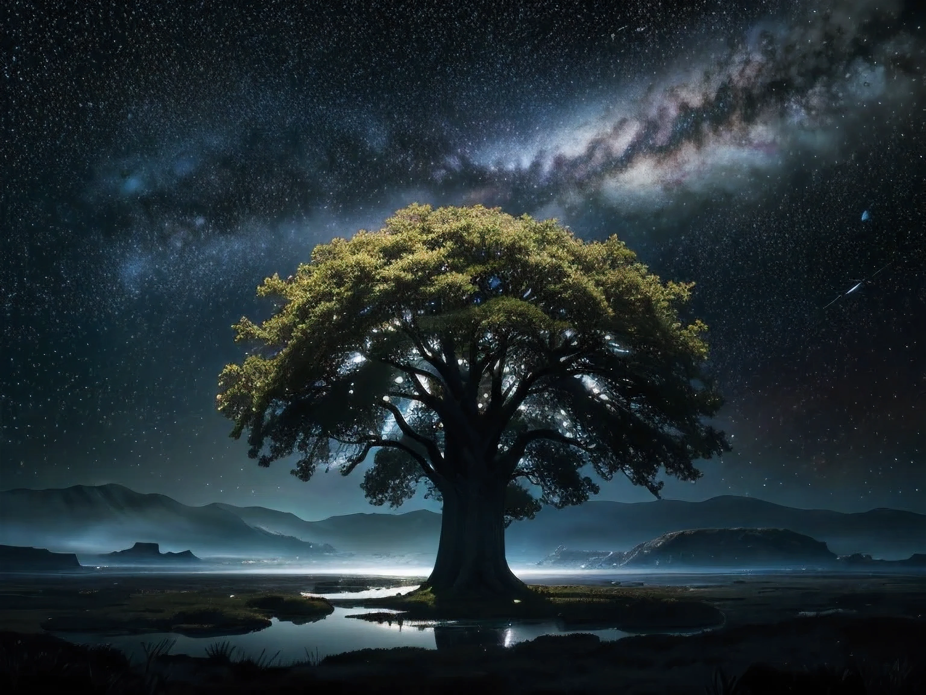 see wide landscape, which is populated by a variety of life forms. In the foreground, various representatives of the animal and plant world could be seen, which represent the original beauty and diversity of nature. In the background you could see an extensive galaxy or starry sky, which suggests, that we humans are part of a larger cosmic universe. Perhaps the presentation could also contain elements from the theory of evolution, which clarify, how life has evolved over time. Overall, the image could represent a connection between nature, the universe and human origins.