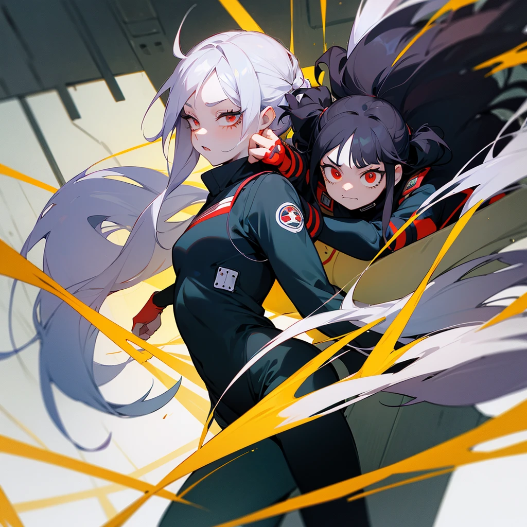 a pale girl, Her hair is black and she wears two low pigtails that fall on her shoulders due to her long hair., has a red eye (Right) and the other yellow (left), he is wearing a diver (Boku no hero academia). He is in a fighting position and a dark energy comes out of his hands..