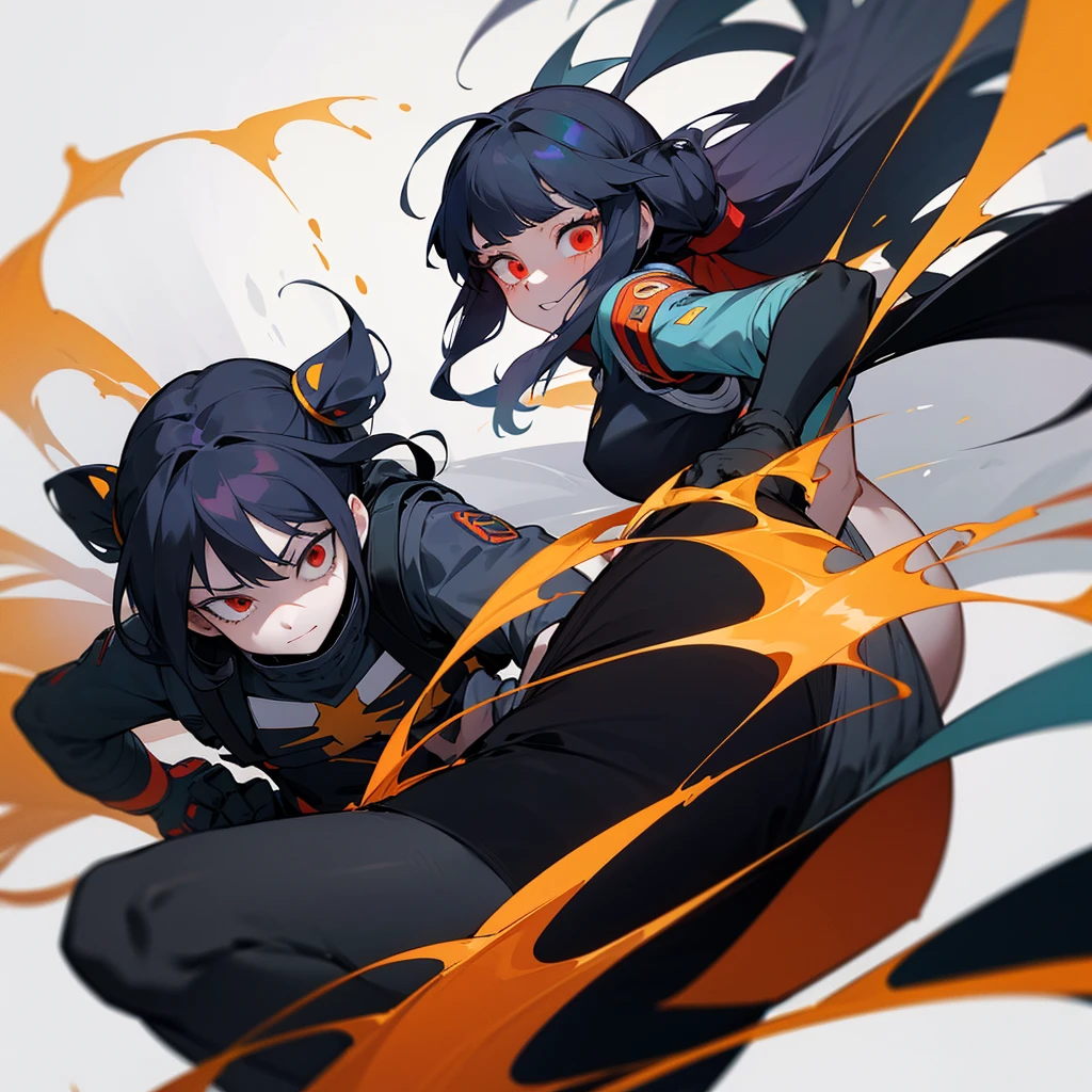 a pale girl, Her hair is black and she wears two low pigtails that fall on her shoulders due to her long hair., has a red eye (Right) and the other yellow (left), he is wearing a diver (Boku no hero academia). He is in a fighting position and a dark energy comes out of his hands..