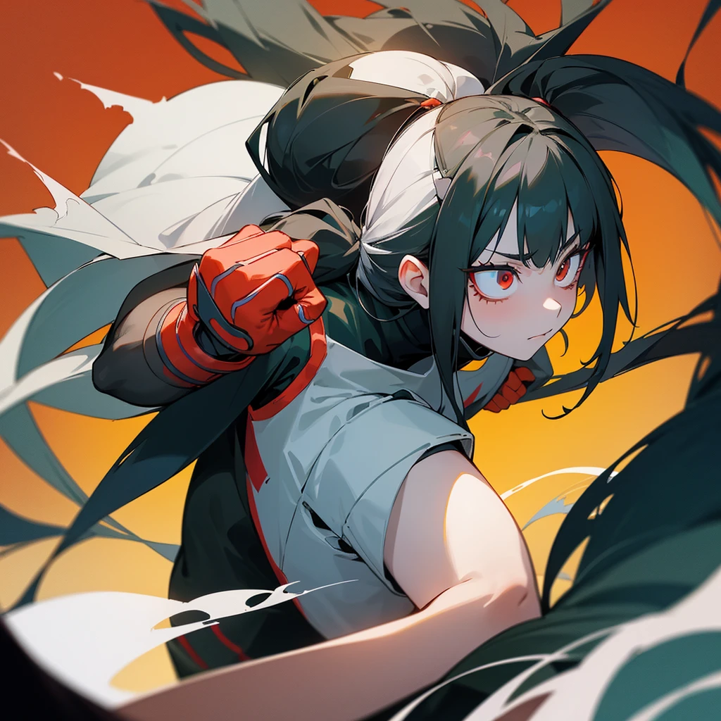 a pale girl, Her hair is black and she wears two low pigtails that fall on her shoulders due to her long hair., has a red eye (Right) and the other yellow (left), he is wearing a diver (Boku no hero academia). He is in a fighting position and a dark energy comes out of his hands..