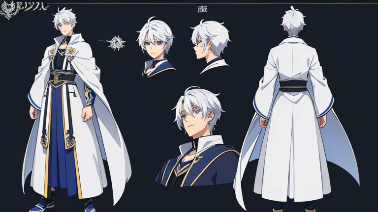 masterpiece, Highest quality, High resolution,(Character design sheet、front、side、back、Right diagonally forward)、Anime Style、Anatomically correct、Every detail、Extremely detailed、Handsome、Silver Hair、short hair、male、blue eyes、Wizard、White Robe