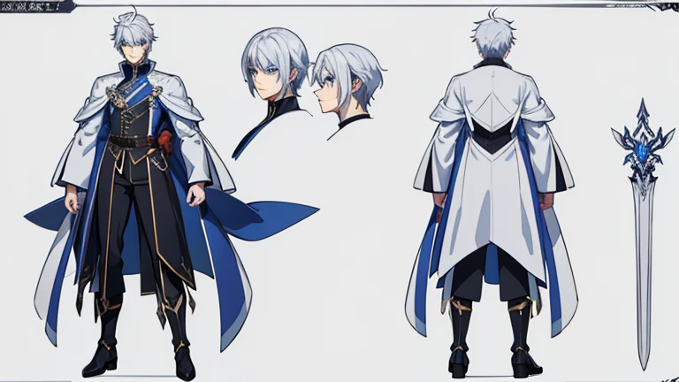 masterpiece, Highest quality, High resolution,(Character design sheet、front、side、back、Right diagonally forward)、Anime Style、Anatomically correct、Every detail、Extremely detailed、Handsome、Silver Hair、short hair、male、blue eyes、Wizard、White Robe