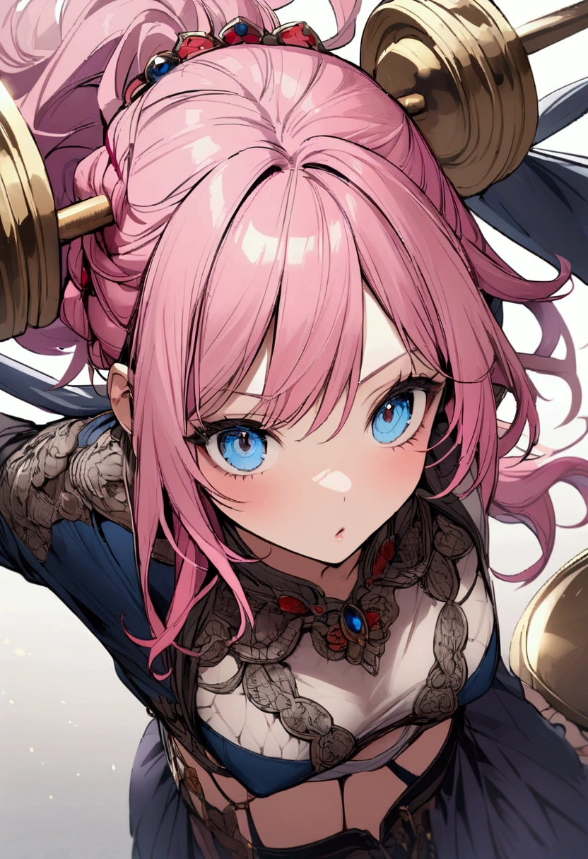 Lifting the barbell、Pink haired woman、blue eyes