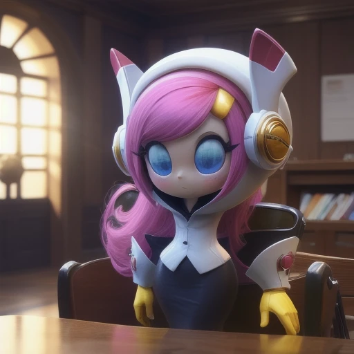 Susie Haltmann, Susie (Kirby), Planet Robobot, Pink Hair, Long hair, Blue eyes, Blue Sclera, Gold hair clip, Secretary, Robot Girl, White Shirt, Grey Skirt, Pencil Skirt, Dress Skirt, Orange Gloves, White cuffs, Headphones, Robot ears, Antennae, in a large office