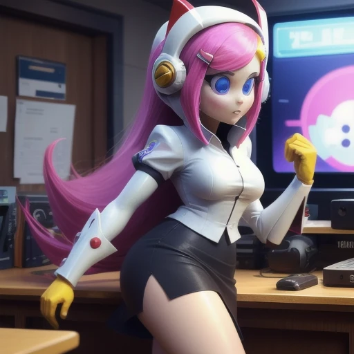 Susie Haltmann, Susie (Kirby), Planet Robobot, Pink Hair, Long hair, Blue eyes, Blue Sclera, Gold hair clip, Secretary, Robot Girl, White Shirt, Grey Skirt, Pencil Skirt, Dress Skirt, Orange Gloves, White cuffs, Headphones, Robot ears, Antennae, in a large office