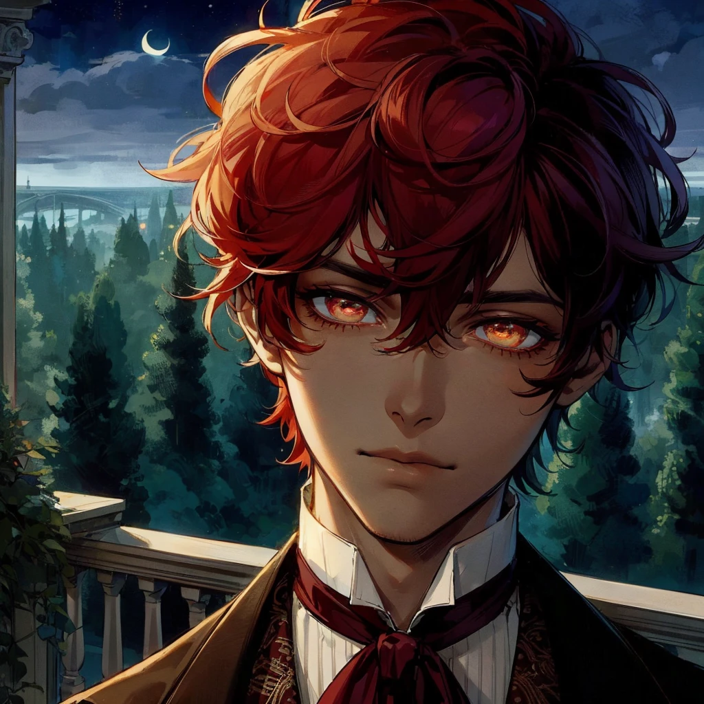 **detailed drawing** **4k ** **sharp** red hair young man, gold eyes, Dark skin, dressed in an elegant old suit, that is in an enchanted forest , an aqua green light is on the side of the man