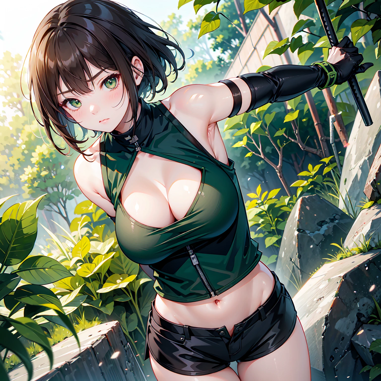 Ninja Girl, kunoichi, big breasts, Brown hair, green sleeveless vest, Large neckline on the chest, black shorts, photorealistic, Best quality, ultra HD, 8k quality