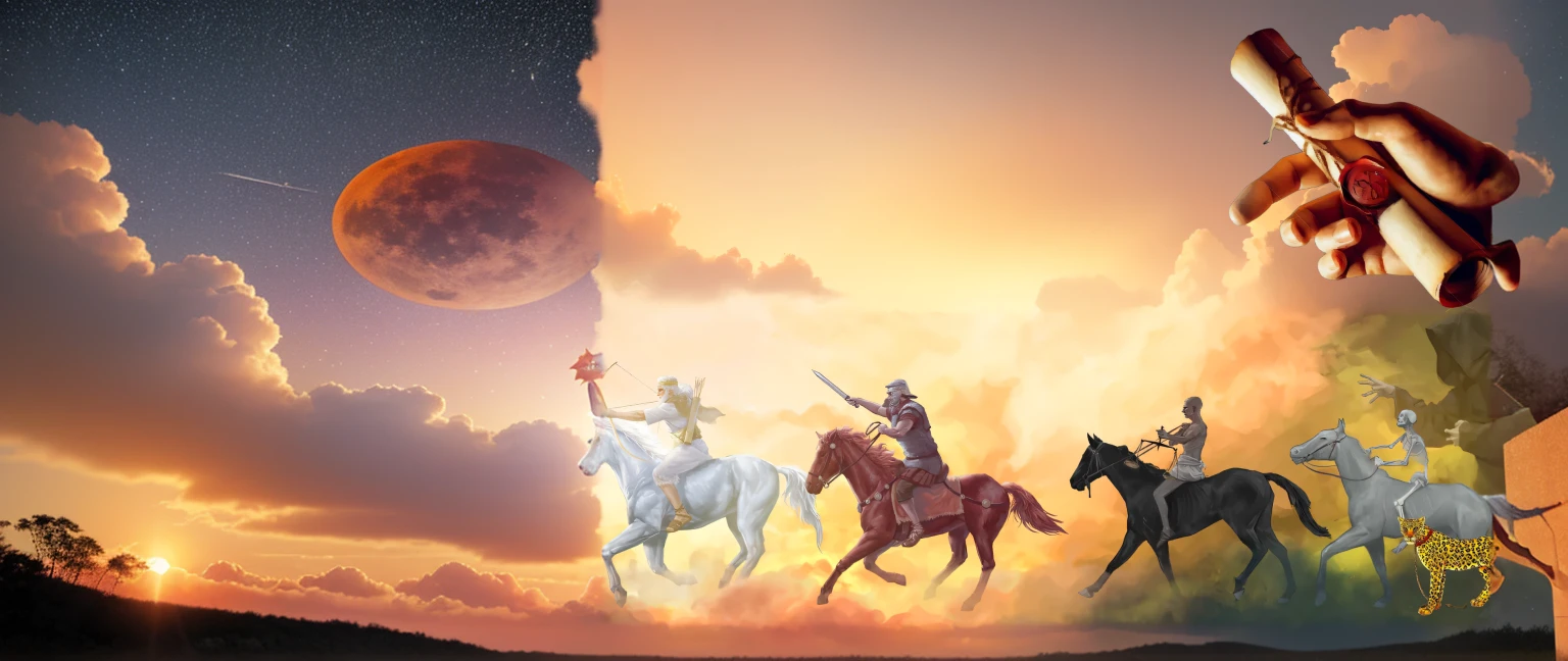 black sun in the sky, red moon in the sky, stars falling down