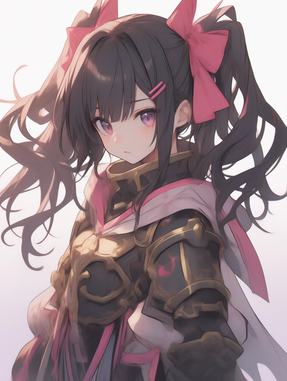 A highly detailed, highest quality anime-style illustration of a young girl with long, silky black hair tied in twin tails. Her hair is slightly wavy and has a soft, glossy texture, adorned with large pink bows at the base of each twin tail. The hair strands flow gracefully, with a few loose strands framing her face. She is wearing intricate pink iron armor with black parts and decorations that combine medieval and futuristic design elements. The armor is adorned with ornate engravings and glowi1人の女の子, Sparkling eyes, The background is the darkness of midnight、There are castle walls on the distant rocky mountain
