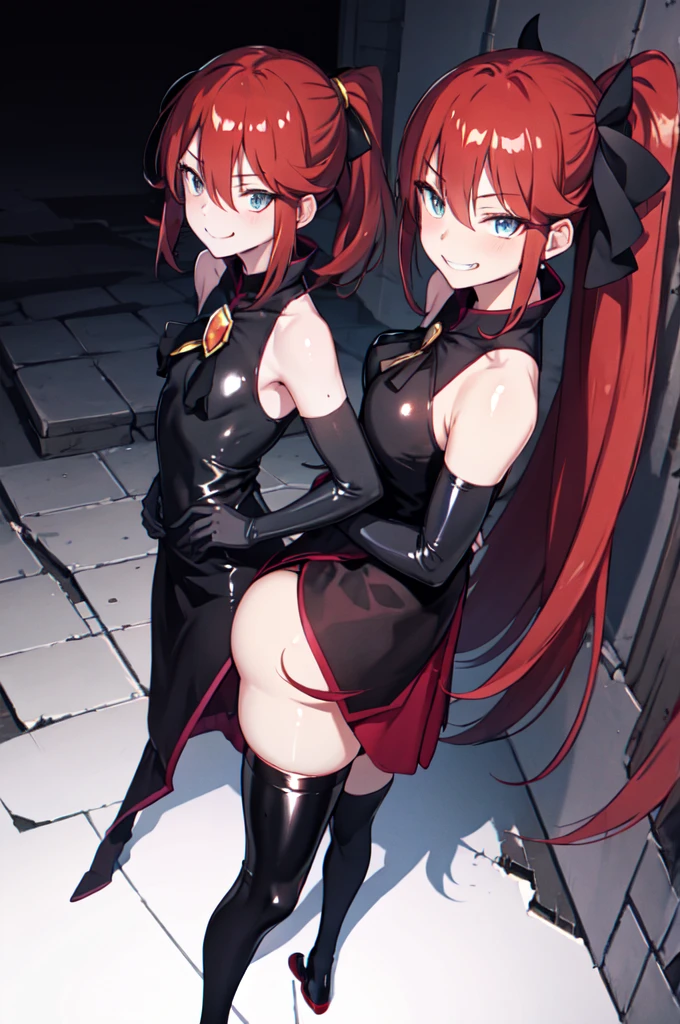 Highest quality, masterpiece, One Girl,Not beautiful, Red Ponytail, Long dress, brooch, Hair Ribbon, - Elbow hand pockets, Black knee socks, Standing on the rubble, (Wicked Smile:1.1), ,,Dark shadowed face,Sadistic smile,Malice,Contempt,smile,latex,Bad face,,Red Skirt,two hands,two legs,five fingers,evil background,elbow gloves,latex, Wicked Smile, devilish aura (Shiny fabric:1.5),Dark world background,独奏,