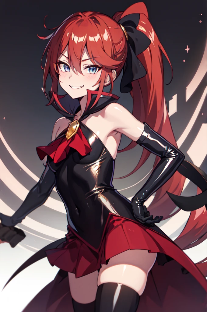 Highest quality, masterpiece, One Girl,Not beautiful, Red Ponytail, Long dress, brooch, Hair Ribbon, - Elbow hand pockets, Black knee socks, Standing on the rubble, (Wicked Smile:1.1), ,,Dark shadowed face,Sadistic smile,Malice,Contempt,smile,latex,Bad face,,Red Skirt,two hands,two legs,five fingers,evil background,elbow gloves,latex, Wicked Smile, devilish aura (Shiny fabric:1.5),Dark world background,独奏,