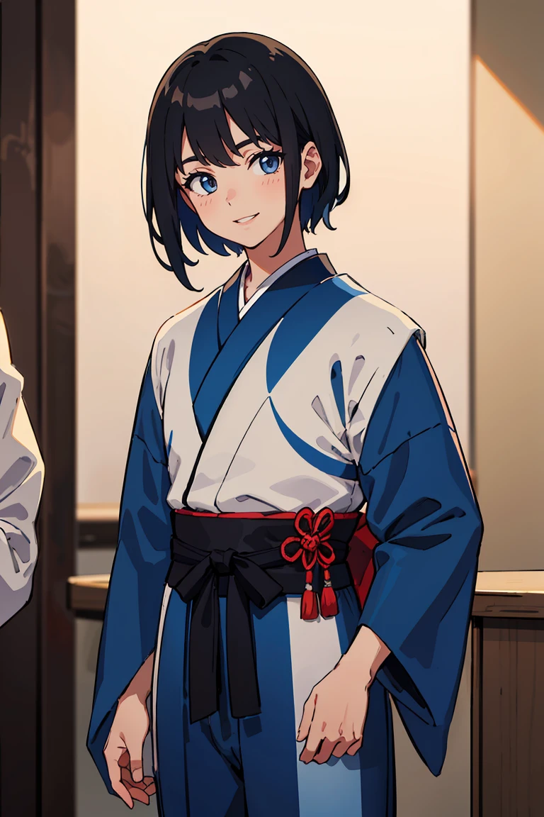 masterpiece, best quality, highly detailed background, perfect lighting, best quality, (extremely detailed face), volumetric lighting, intricate details, shadow, tonemapping, sharp focus, hyper detailed, trending on Artstation, (solo), ((Looking at the viewer)), (man) ((Young man)) (Black hair), ((thin)), ((delicate)), ((thin and fine figure)), ((elegant)), ((smile)), ((traditional blue men's clothing)) ((Japan)) ((Shota))