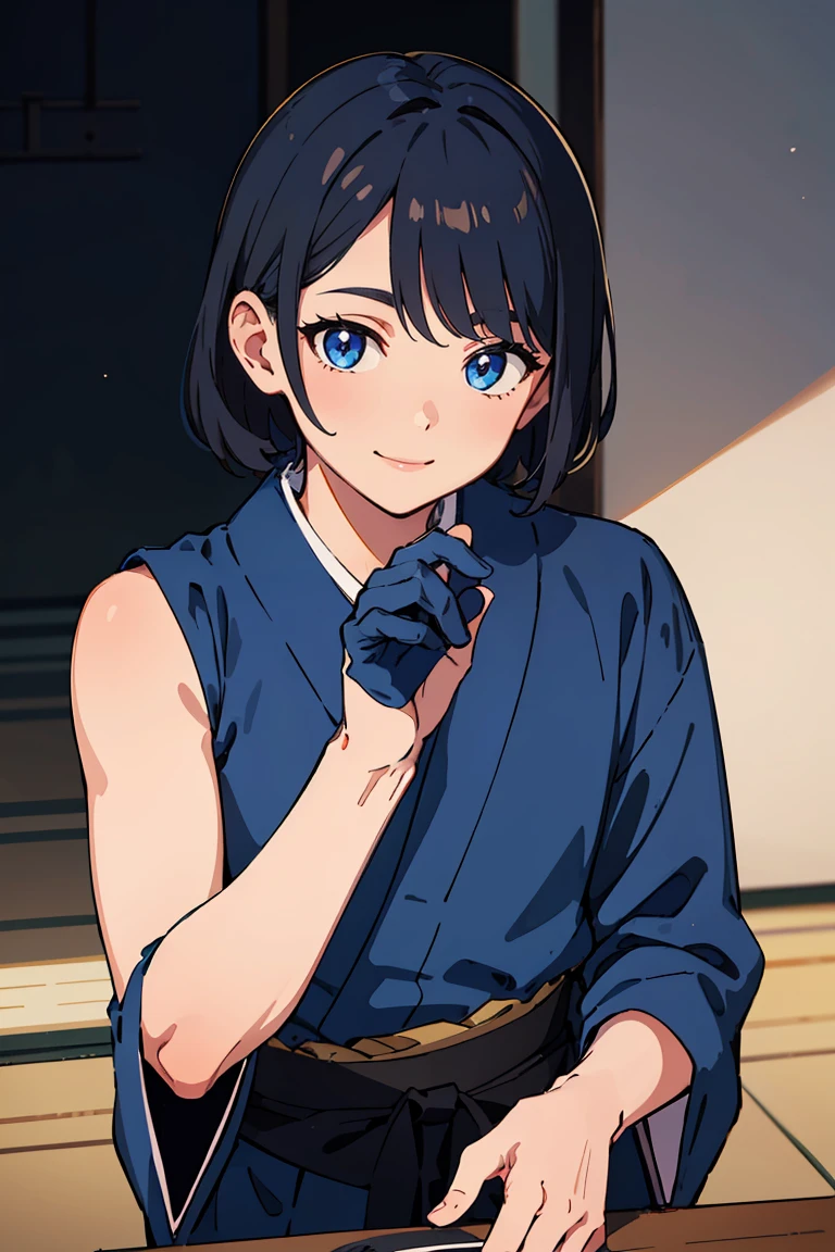 masterpiece, best quality, highly detailed background, perfect lighting, best quality, (extremely detailed face), volumetric lighting, intricate details, shadow, tonemapping, sharp focus, hyper detailed, trending on Artstation, (solo), ((Looking at the viewer)), (man) ((Young man)) (Black hair), ((thin)), ((delicate)), ((thin and fine figure)), ((elegant)), ((smile)), ((traditional blue men's clothing)) ((Japan)) ((Shota))