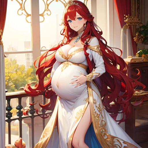 Beautiful pregnant queen, wavy red hair, blue eyes, ornate white dress, cleavage 