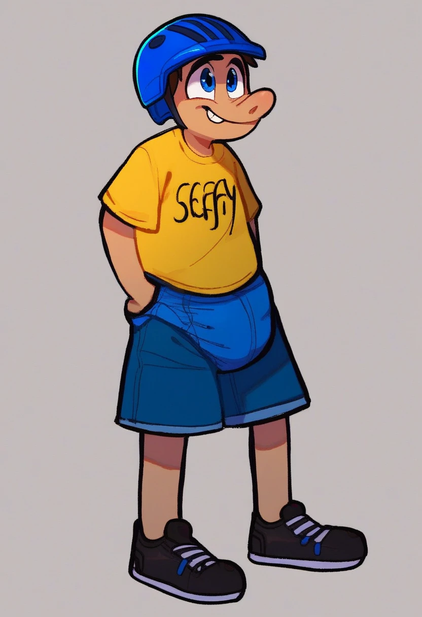 jeffy, solo, smile, simple background, shirt, 1boy, standing, full body, male focus, shoes, shorts, black footwear, t-shirt, blue headwear, yellow shirt, young adult, buck teeth, blue eyes, blue bicycle helmet, dark brown messy hair, pencil shoved up nose, blue crossed eyes, jeffy text on shirt, short dark blue jeans, pamper diaper on outside of pants, short dark blue jeans, unibrow, tall