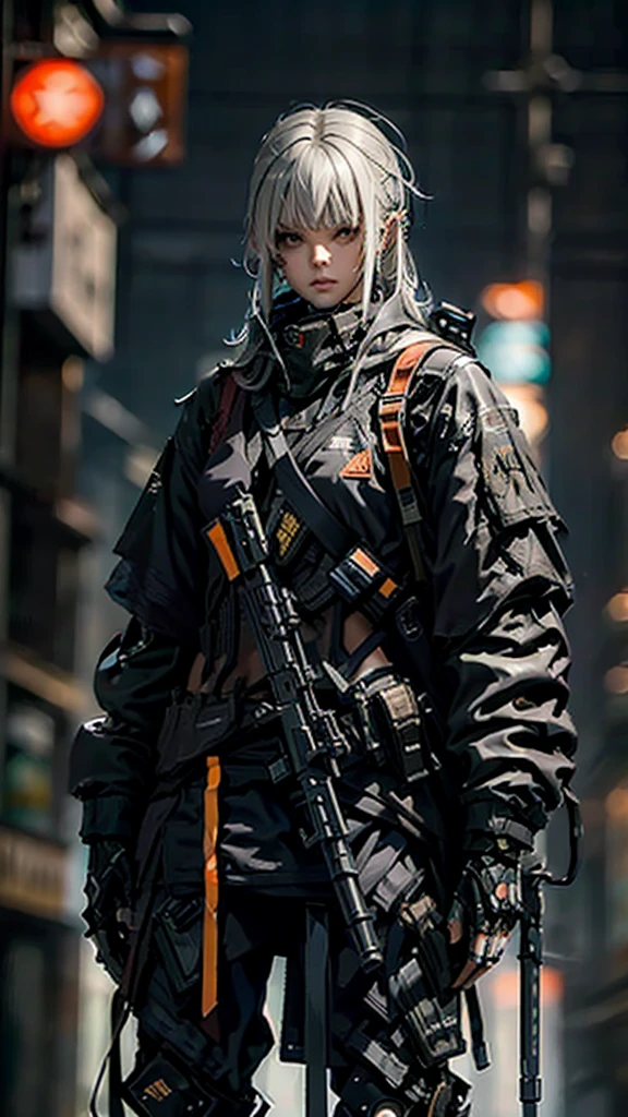 Half-length photo，male，Silver hair，gray hair，Functional wear style，face clear，Cyberpunk style，Holding m4a1 assault rifle in hand，M4a1，Street with flashing neon signs in the background