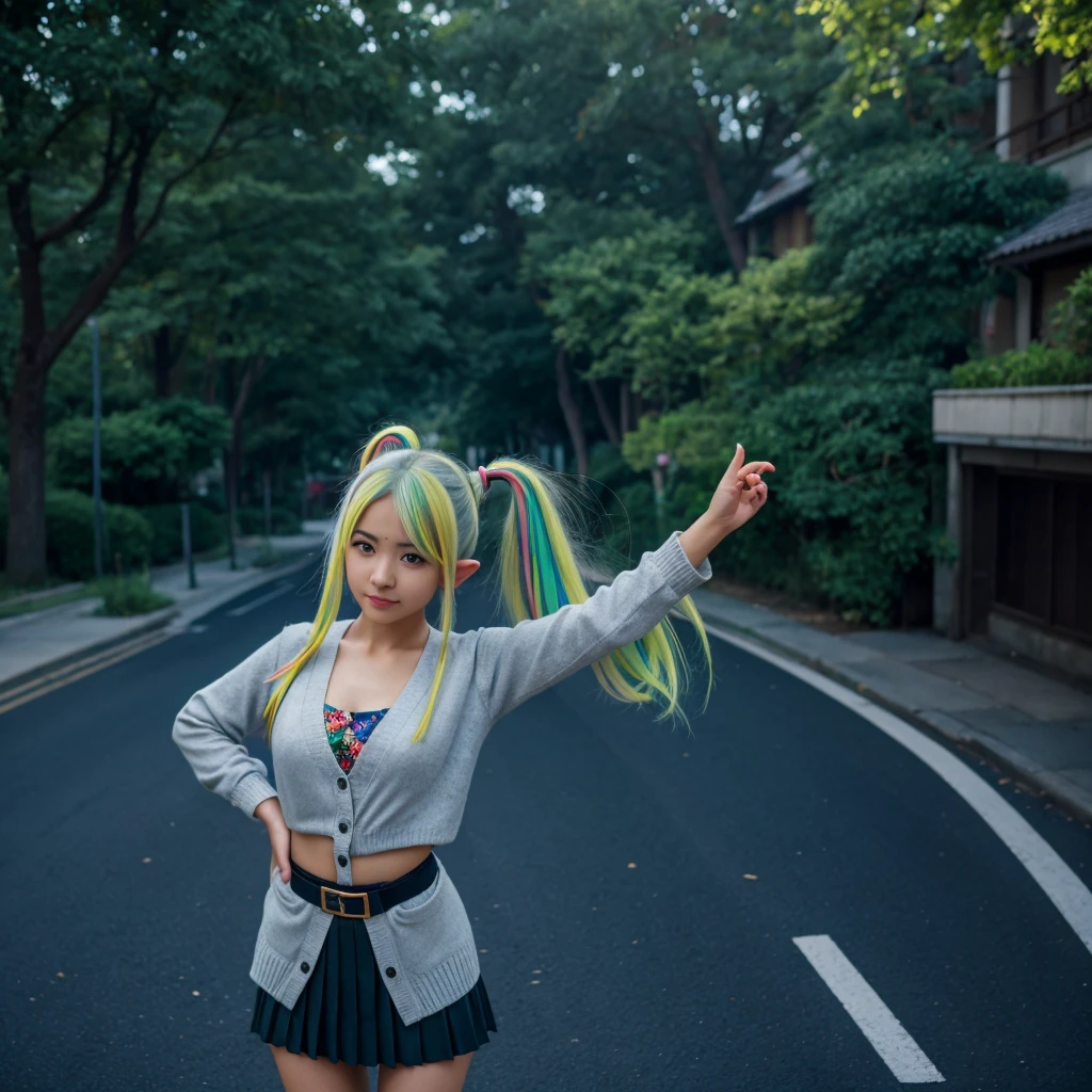 masterpiece , best quality,nahida(genshin impact) ,1girl , small breast,long hair ,side ponytail, hair ornament , white hair , green hair , hand behind head:1.5,multicolored hair, elf , pointy ears ,  , skirt ,cardigan,road , street,looking at the viewers