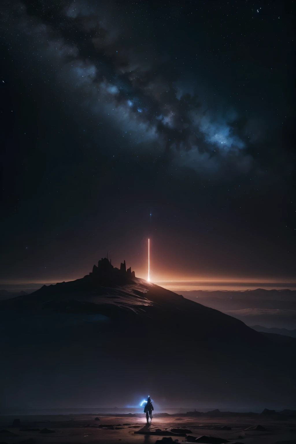 A cover image for a sci-fi adventure called 'Star Ruins'. The background features a vast space scene with stars, colorful nebulae, and distant planets. In the foreground, the spaceship Aventurier with its futuristic and robust design, glowing in blue and silver. In the background, the Argos Station with its complex and technological structure. In the front, silhouettes of heroic characters in dramatic poses, conveying a sense of mystery and adventure. The lighting is intense, with contrasts of lights and shadows to highlight the epic atmosphere of the story.