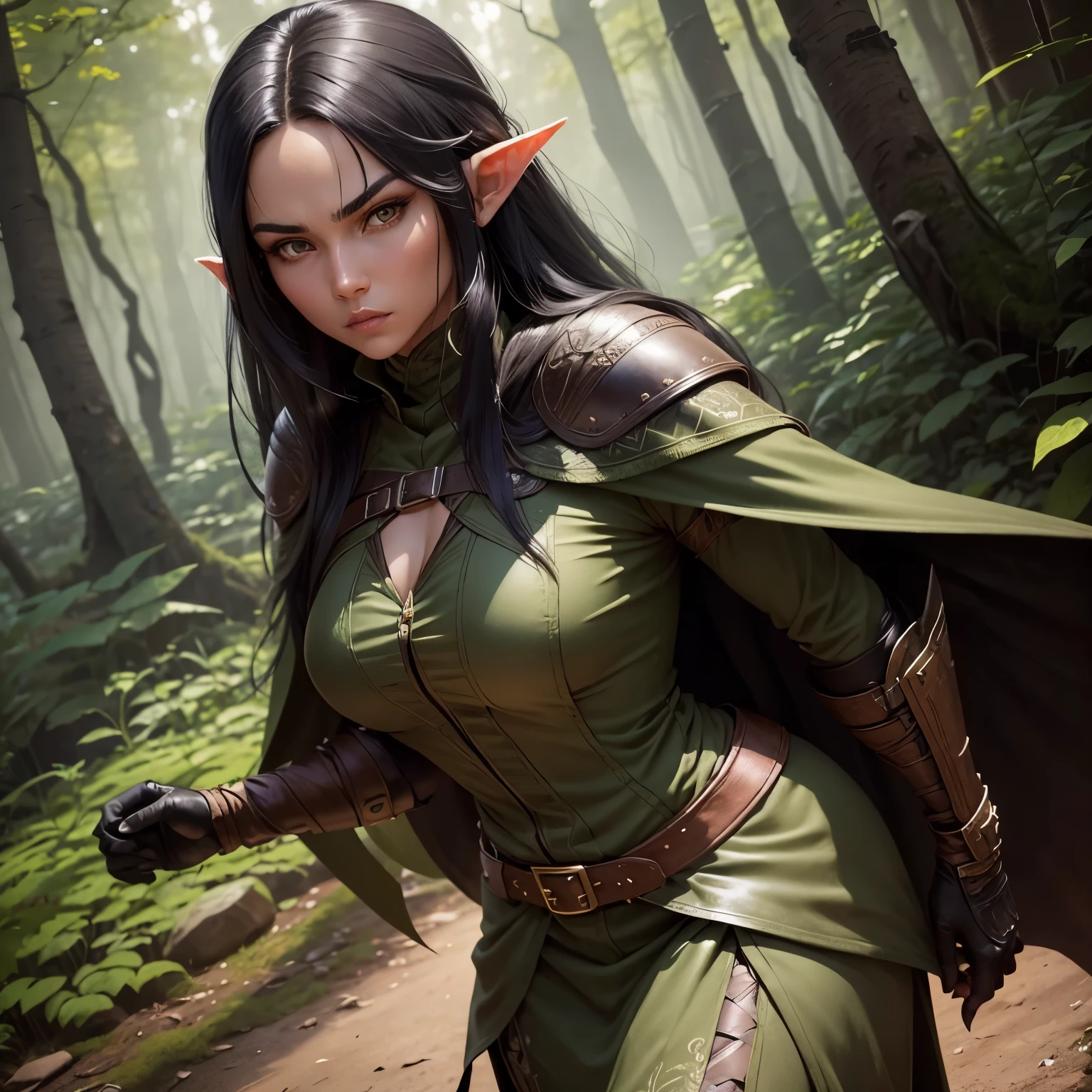 A female Elf Ranger. Born from the forest. Leather armor that blends in with the underbody and cape to become invisible. Long Black Hair with Chunky Design. Super detailed eyes .His gaze would be intense and serious. ready for action at any time.