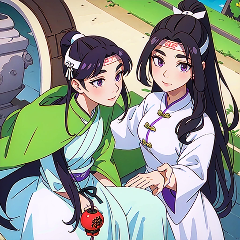 ( Best Quality, ancient china, A girl, long green chinese dress), long hair tied in two tomatoes, black hair, purple eyes, with a white ribbon on her head
