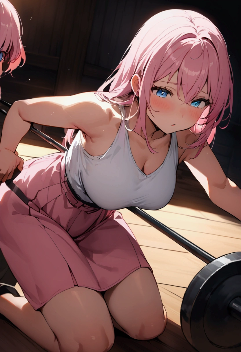 gym, workout, hot, sweating, sweaty, tan, big boobs, tan skin, flustered, blush, pink clothes, see thru, yoga pants, man touching ass, grabbing boobs, boob grab, trainer, pink hair, ponytail, ass, ass grab, touching ass, booty grab, plump
