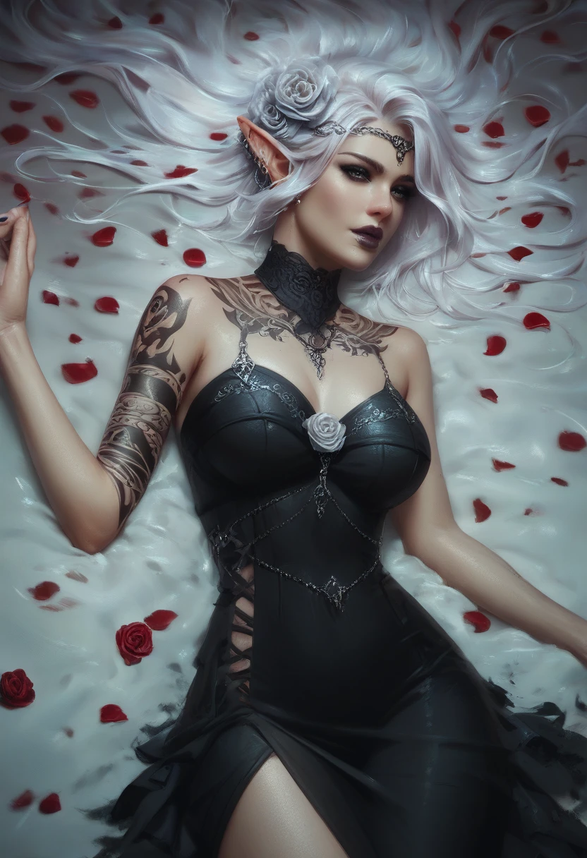 Arafed, Dark fantasy art, fantasy art, goth art, a picture of a tattoo on the back of a female elf, a glowing tattoo of a ((white rose: 1.3)) on the elf's back, the ((rose tattoo)) is vivid, intricate detailed coming to life from the ink to real life, GlowingRunesAI_purple, ((fire surrounds the rose petals: 1.5)), shoot taken from the back, ((the back is visible: 1.3), she wears a transparent black dress, the dress is elegant, flowing, elven style, that the tattoos glow, dynamic hair color, dynamic hair style, faize,, Digital Painting