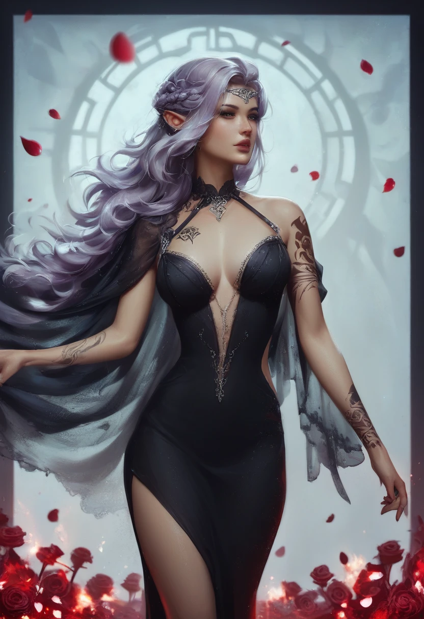 Arafed, Dark fantasy art, fantasy art, goth art, a picture of a tattoo on the back of a female elf, a glowing tattoo of a ((white rose: 1.3)) on the elf's back, the ((rose tattoo)) is vivid, intricate detailed coming to life from the ink to real life, GlowingRunesAI_purple, ((fire surrounds the rose petals: 1.5)), shoot taken from the back, ((the back is visible: 1.3), she wears a transparent black dress, the dress is elegant, flowing, elven style, that the tattoos glow, dynamic hair color, dynamic hair style, faize,, Digital Painting