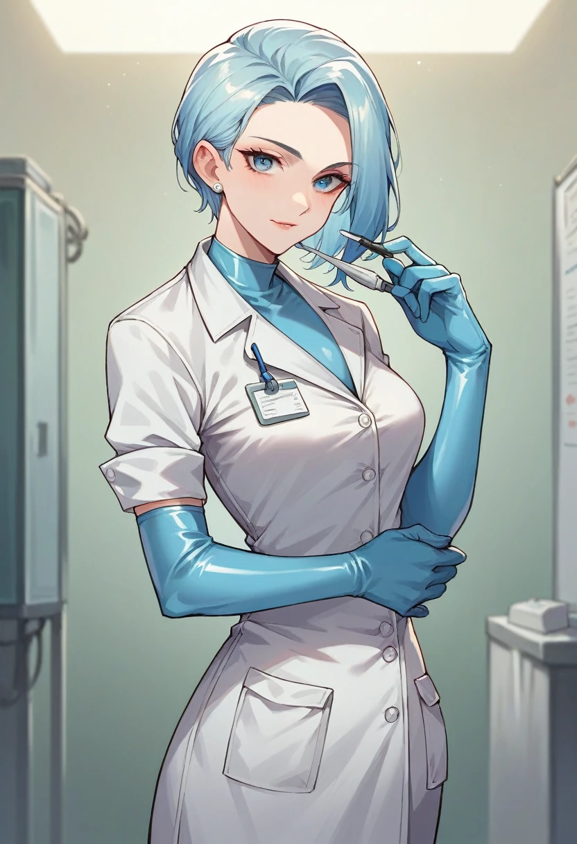 1girl, ((light blue elbow gloves)), ((surgical gloves)), ((latex gloves)), ((long sleeves)), ((surgeon outfit)), ((doctor outfit)), looking at viewer, standing, solo