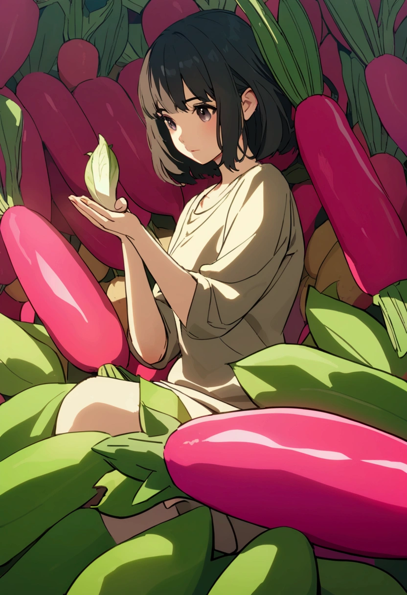 a fairy flying over a pile of Radishes , holding one Radish on her hand