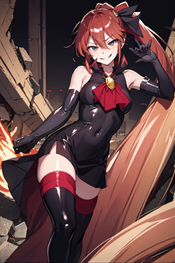 Highest quality, masterpiece, One Girl,Not beautiful, Red Ponytail, Long dress, brooch, Hair Ribbon, , Black knee socks, Standing on the rubble, (Wicked Smile:1.1), ,,Dark shadowed face,Sadistic smile,Malice,Contempt,smile,latex,Bad face,,Red Skirt,two hands,two legs,five fingers,evil background,elbow gloves,latex, Wicked Smile, devilish aura (Shiny fabric:1.5),Dark world background,独奏,