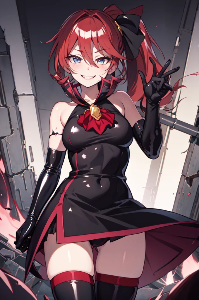Highest quality, masterpiece, One Girl,Not beautiful, Red Ponytail, Long dress, brooch, Hair Ribbon, , Black knee socks, Standing on the rubble, (Wicked Smile:1.1), ,,Dark shadowed face,ic smile,Malice,Contempt,smile,latex,Bad face,,Red Skirt,two hands,two legs,five fingers,evil background,elbow gloves,latex, Wicked Smile, devilish aura (Shiny fabric:1.5),Dark world background,独奏,