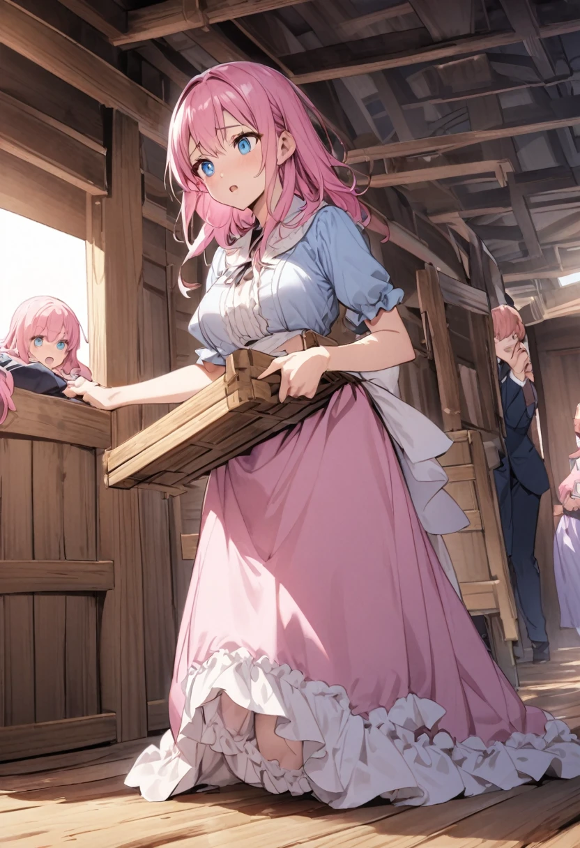 bend at the waist、With both hands on a wooden box on the floor、Trying to lift a wooden box onto the carriage、Pink haired woman、blue eyes