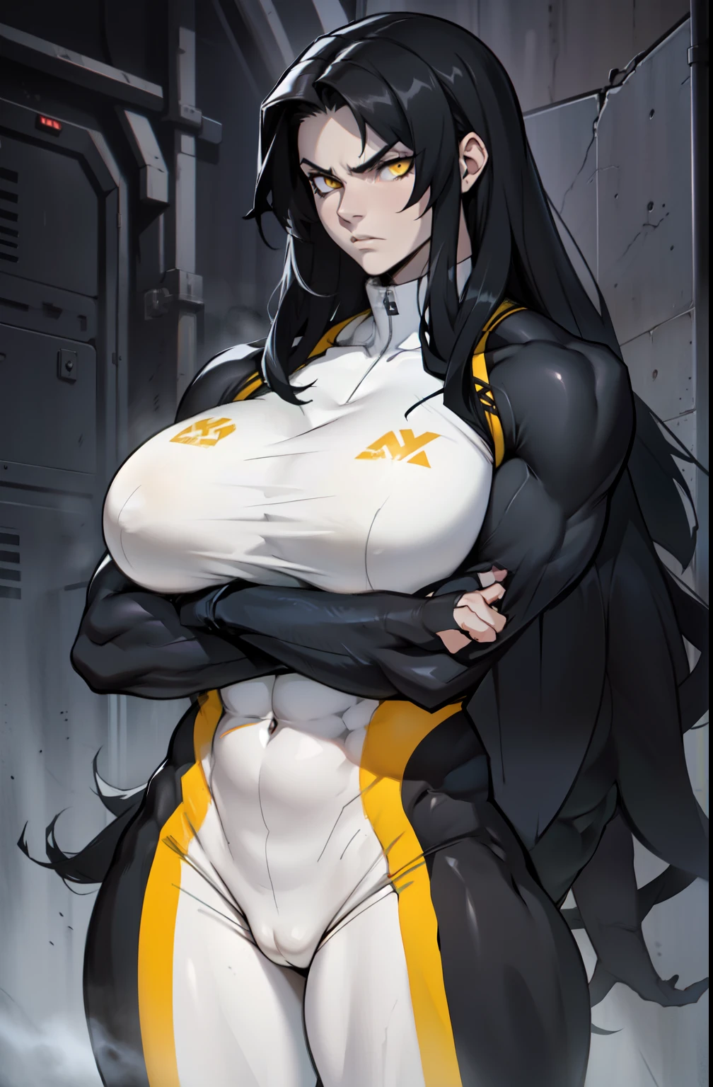 pale skin solo 1 girl black hair yellow eyes angry very long hair dark atmosphere (huge breasts huge breasts huge breasts bodybuilder toned body muscular) skinsuit crossed arms