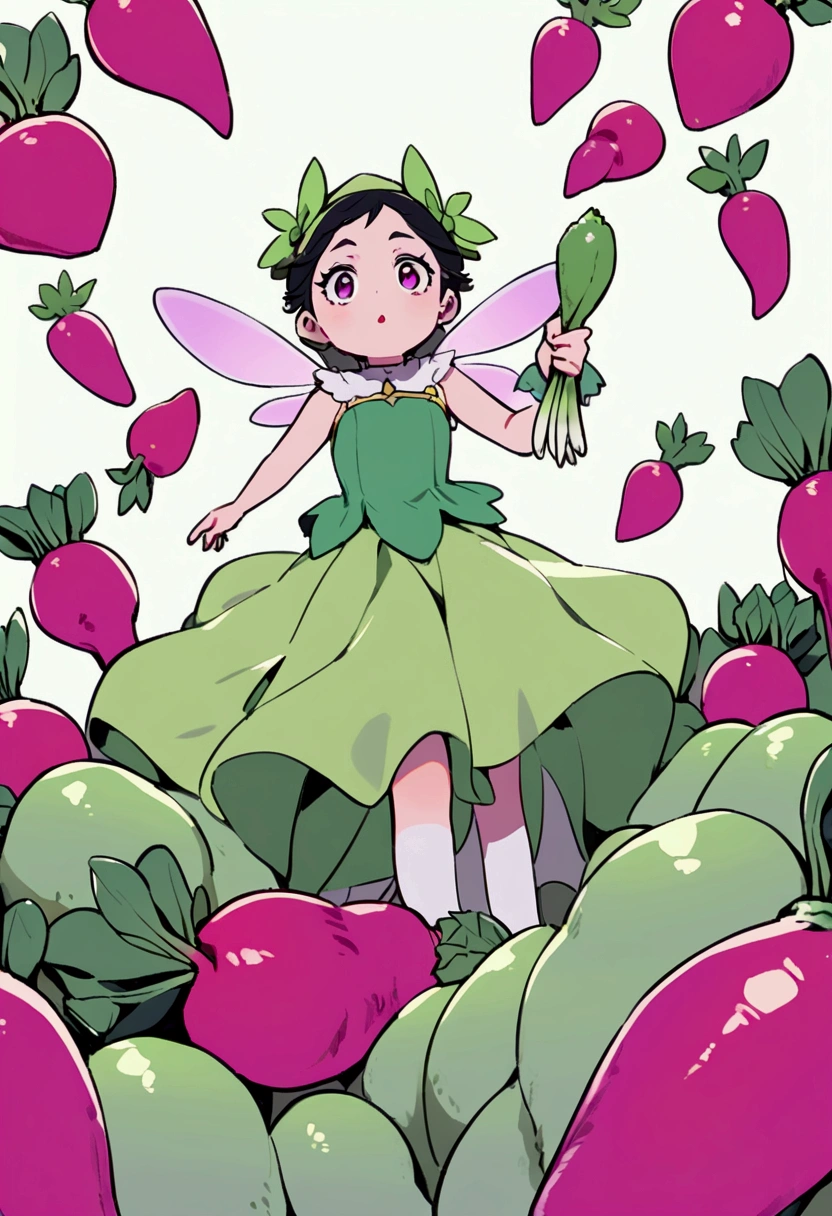a fairy flying over a pile of Radishes , holding one Radish on her hand