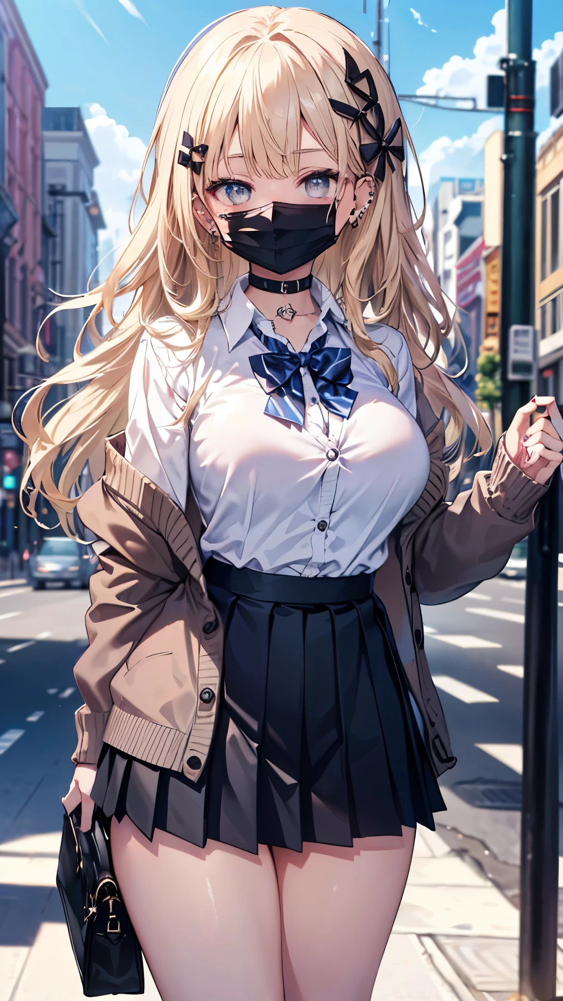 masterpiece, best quality, full body, 1girl, bangs, black choker, black necktie, blonde hair, blue skirt, blush, bracelet, breasts, choker, clothes around waist, collarbone, collared shirt, cowboy shot, dress shirt, ear piercing, eyebrows visible through hair, gradient hair, grin, gyaru, jewelry, kogal, long hair, looking at viewer, loose necktie, necktie, piercing, plaid, plaid skirt, pleated skirt, red eyes, ring, school uniform, shirt, skirt, smile, solo, white shirt, street, sky, cherry blossoms, petals,illustration, (magazine:1.3), (cover-style:1.3), fashionable, woman, vibrant, outfit, posing, front, colorful, dynamic, background, elements, confident, expression, holding, statement, accessory, majestic, coiled, around, touch, scene, text, cover, bold, attention-grabbing, title, stylish, font, catchy, headline, larger, striking, modern, trendy, focus, fashion,
