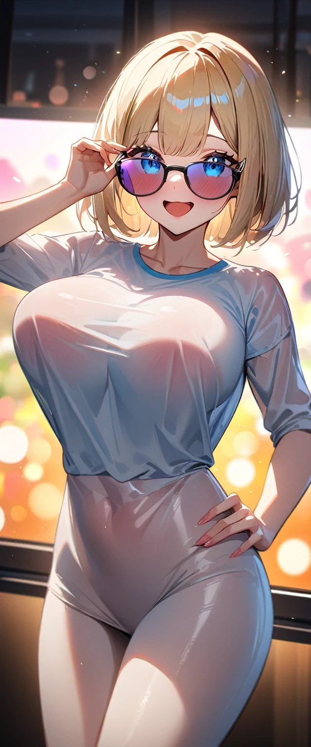 (((One Girl))), Blonde, Bobcut, (Cowboy Shot), ((sunglasses, hand to sunglasses)), (View your viewers), Focus on the face, teenager, Tilt your head:1.3, (((blue eyes))), ((Smile)), ((blush)), Contrasting, Place one hand on hip, (((Exposed clothing))), School summer clothes, (((Large Breasts))), White shirt, ((See-through clothing)), skirt, , Anime Style, (Highest quality, 4K, 8K, High resolution, masterpiece:1.2, Super detailed, Super detailed eyes, High resolution, 超High resolution, Studio Lighting, Ultra-fine painting, Sharp focus, Physically Based Rendering, Very detailed explanation, Professional, Vibrant colors, Bokeh)