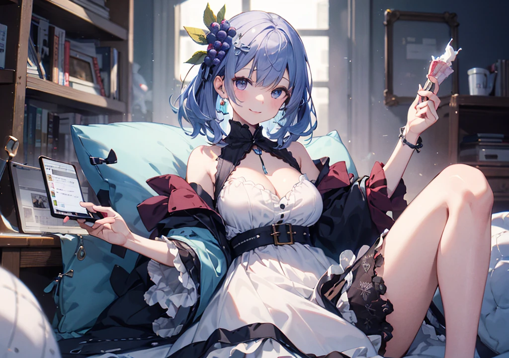 Realistic photos, Focus distance 10mm, Red and white, A big smile, Beautiful girl, Realistic photos, Focus distance 10mmで撮影, masterpiece, 最high quality, high quality, Very detailed CG 8k wallpaper unit, Award-winning photography, Depth of written boundary, High resolution, bloom, chromatic aberration, Realistic, Very detailed, Art Station Trends, CGsociety Trends, Complex, High detail, dramatic, Art on the go, volumetric lighting, Blueberry Cheesecakeが擬人化された美少女。An elegant figure with blueberry-colored hair and a cream dress, Blueberry hair ornament, Castle in the background, Blueberry Cheesecake