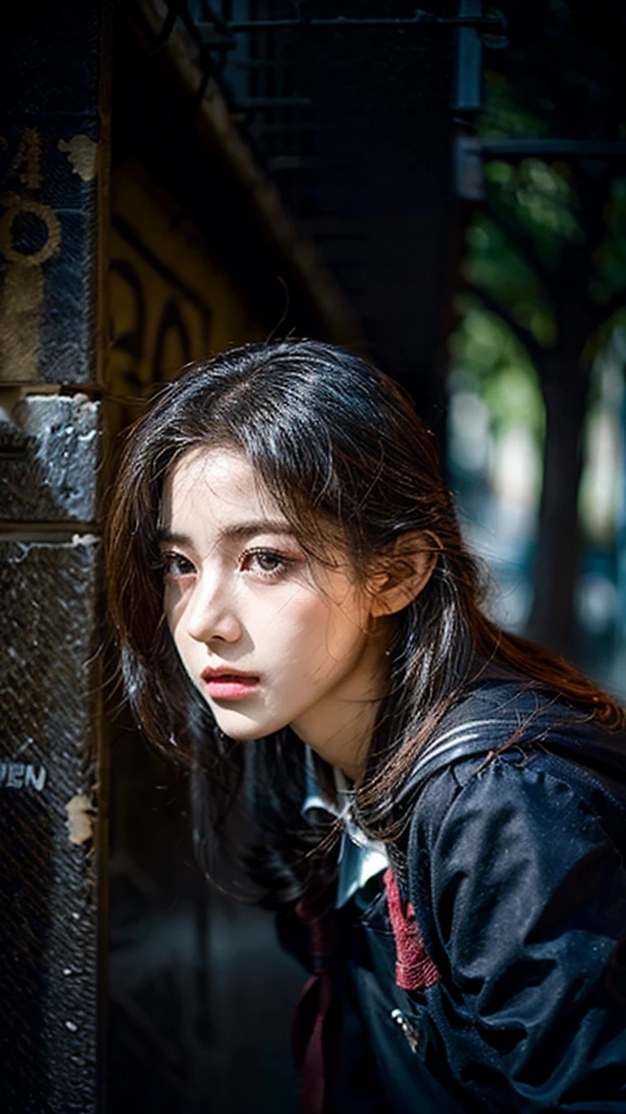 a young girl, bullied by delinquents, in a park, beautiful detailed eyes, beautiful detailed lips, extremely detailed eyes and face, long eyelashes, school uniform, cowering in fear, surrounded by delinquents, menacing expressions, gritty urban environment, overgrown weeds, graffiti on walls, rain falling, dramatic lighting, moody, gloomy, melancholic, (best quality,4k,8k,highres,masterpiece:1.2),ultra-detailed,(realistic,photorealistic,photo-realistic:1.37),dark tones,chiaroscuro lighting