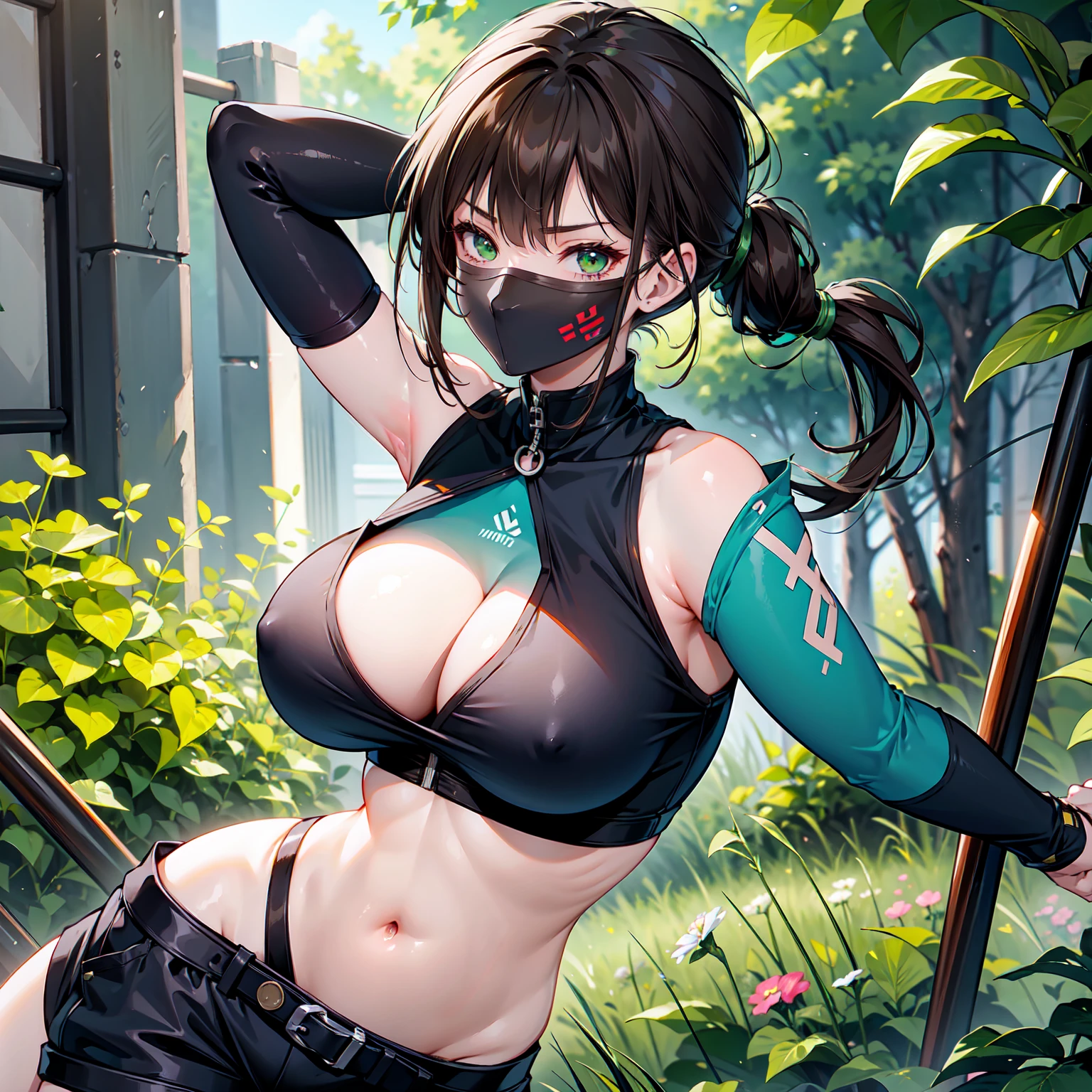 Ninja Girl, kunoichi, big breasts, Brown hair, green sleeveless vest, Large neckline on the chest, You can see the navel, black shorts, photorealistic, Best quality, ultra HD, 8k quality