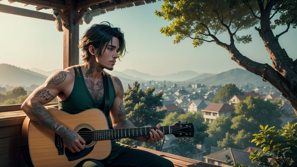 a man with tattoo , sitting on a rooftop of a tree house, playing guitar , green trees around